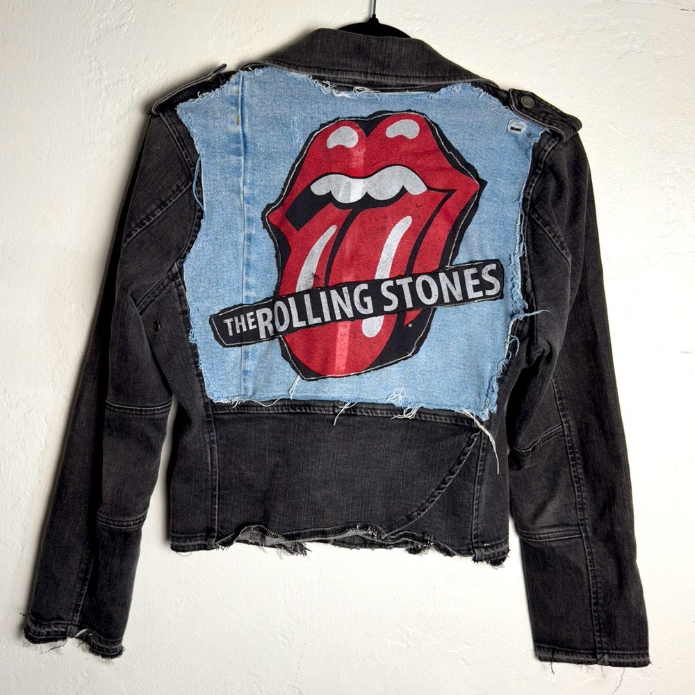 Handcrafted Rolling Stones Denim Jean Moto Upcycled Distressed Jacket - Picture 8 of 8